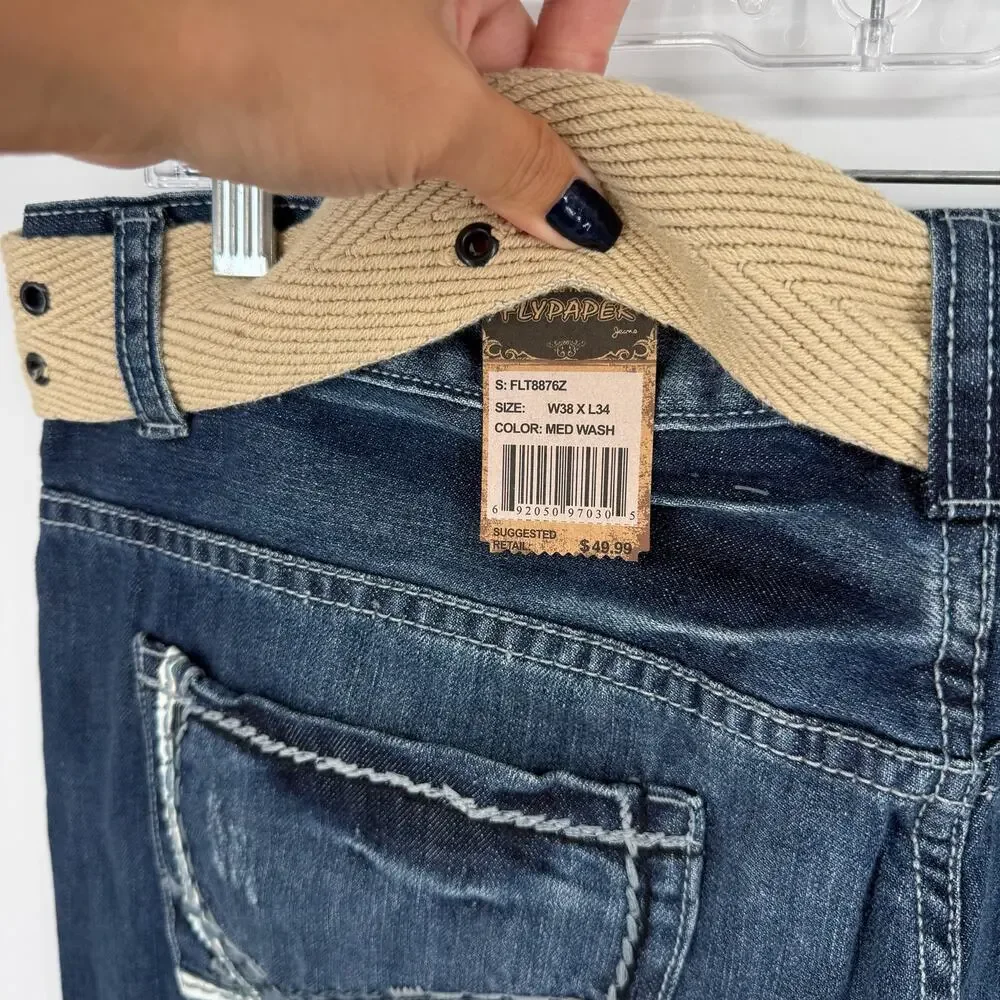BRAND NEW NWT Men's Flypaper Medium Wash Blue Denim Bootcut Jeans W/ Belt 38x34